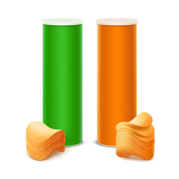 Set of Green Orange Tube with Stack Potato Chips Isolated - Vector, Image