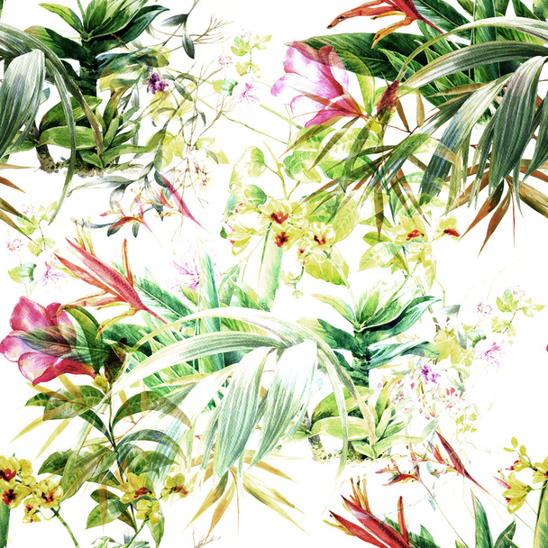 Akvarel malba listů a květin, hladký vzor - Fotografie, Obrázek
