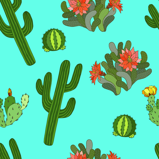 Seamless pattern with cactus and flowers - vector illustration - Wektor, obraz