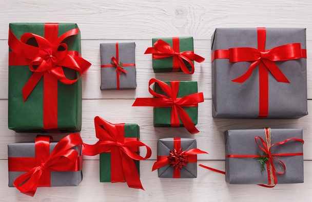 Top view of christmas present boxes on white wood background - Photo, Image