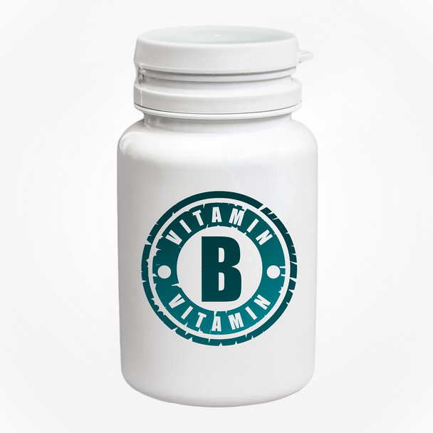 Frasco de pastillas con vitamina B
 - Foto, Imagen