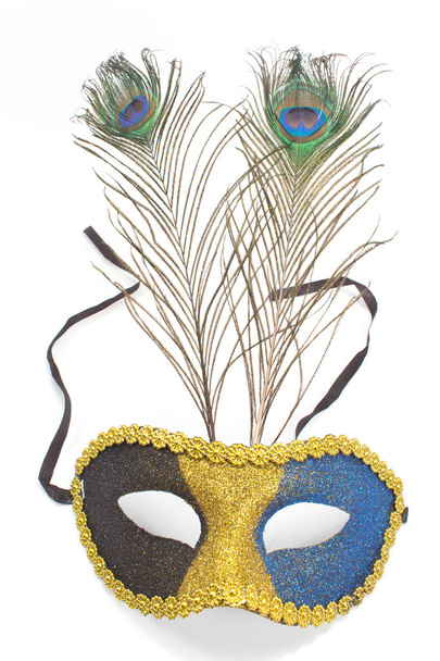 Karnaval maskesi ile üzerine beyaz izole tavus kuşu tüyü - Fotoğraf, Görsel