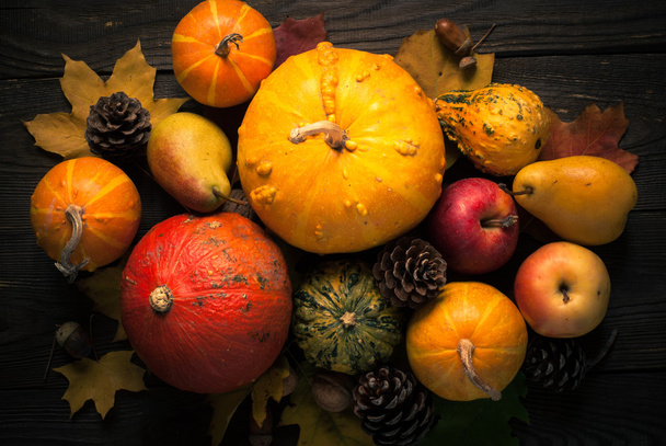 Autumn vegetables at dark wooden table. - Фото, изображение