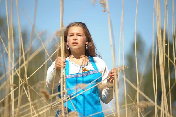 Girl in a blue sundress in a field of tall dry grass - 写真・画像