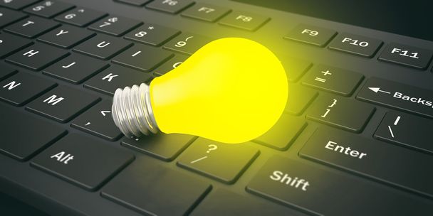 3D-Rendering gelbe Glühbirne auf einer Tastatur - Foto, Bild