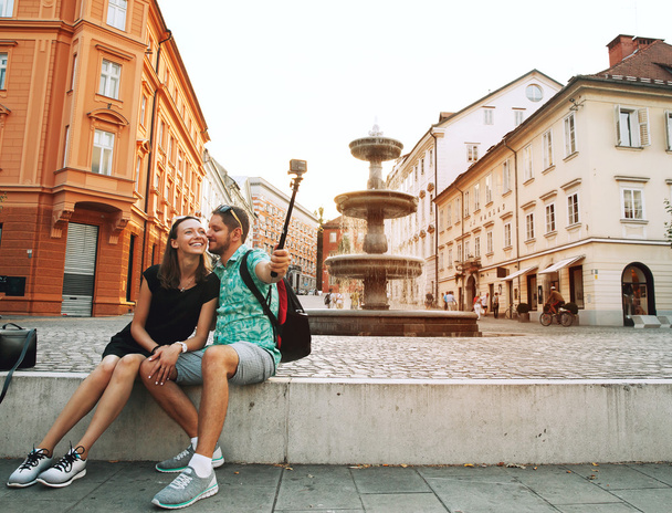 Couple of Lovers in Old Town Center of Ljubljana, Slovenia.  - Foto, afbeelding