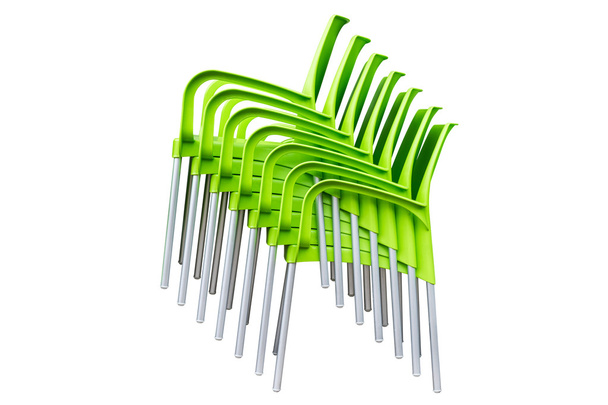green plastic chairs stacked in piles isolated on white background - 写真・画像