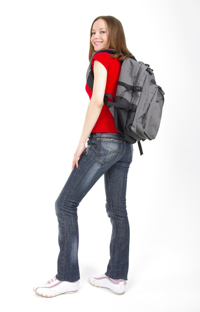 Sporty girl with modern backpack - Fotoğraf, Görsel