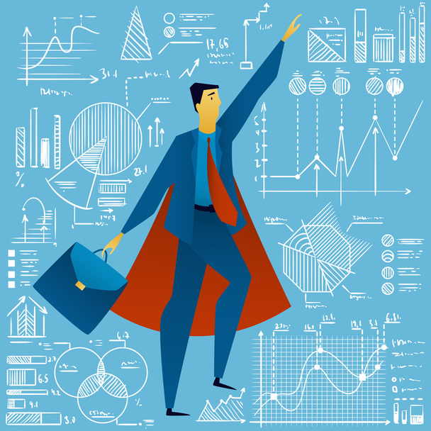 Superunternehmer auf blauem Hintergrund mit Geschäftsdiagrammen, Diagrammen, Statistiken-Doodles. Vektorillustration - Vektor, Bild