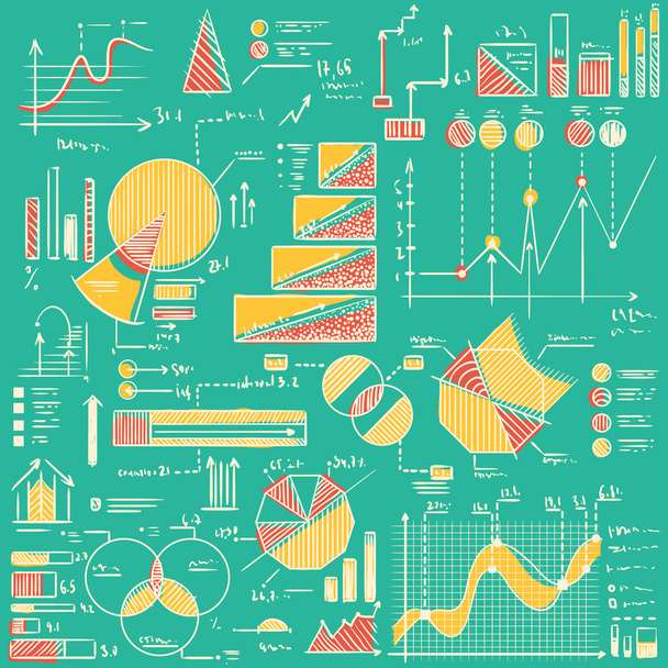 ビジネス グラフ、グラフ、統計情報には、セットがいたずら書き。手描きの背景イラスト - ベクター画像