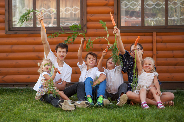 Porträt von glücklichen, gut aussehenden Jungen und kleinen Mädchen vor dem Hintergrund eines Holzhauses - Foto, Bild