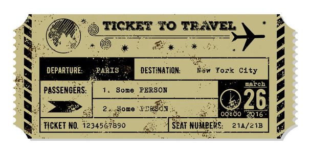 Vintage grungy vliegtuig ticket. Travel concept. - Vector, afbeelding