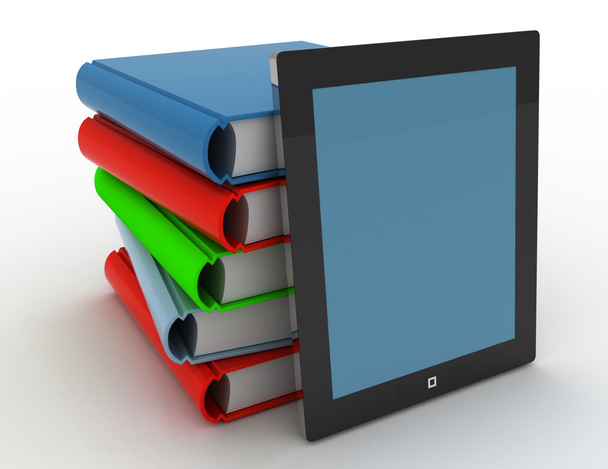 3d tablet and books, digital and paper library concept on whit b - Photo, Image