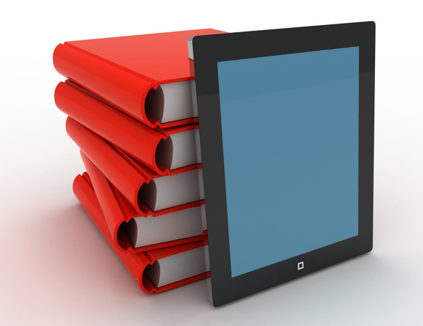 Tablet e libri 3d, concetto di biblioteca digitale e cartacea su cui b
 - Foto, immagini