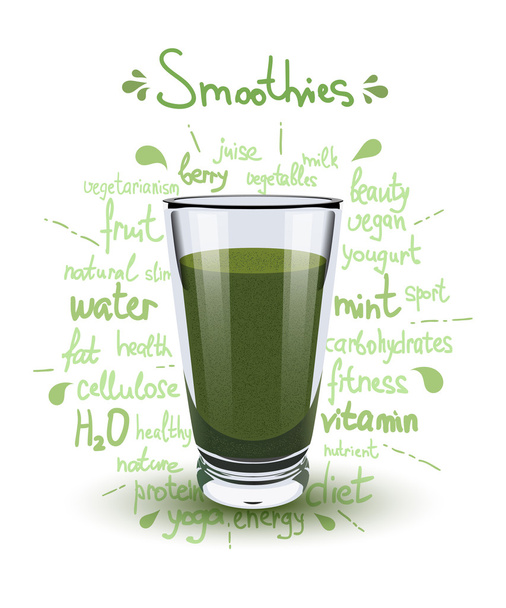 Vector illustration high glass cup with a green smoothies. Healt - Vektor, obrázek