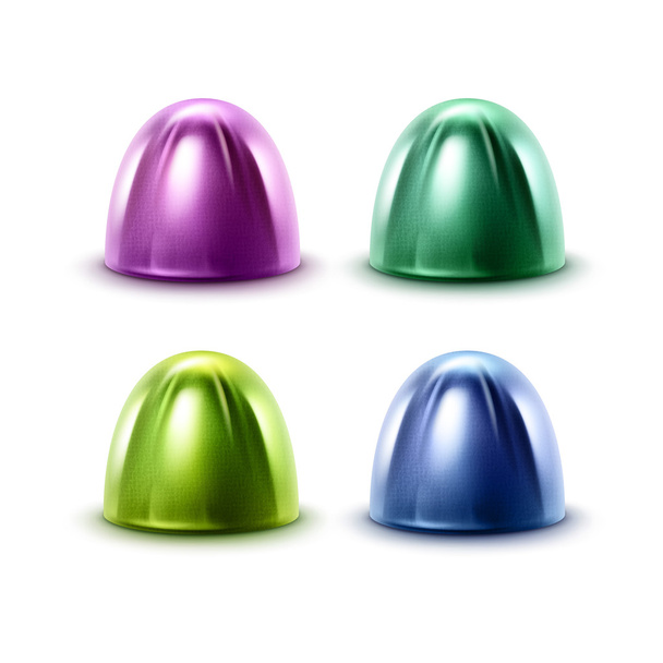 Set vettoriale di caramelle al cioccolato realistiche in involucro di stagnola lucida blu verde viola Close up isolato su sfondo bianco
 - Vettoriali, immagini