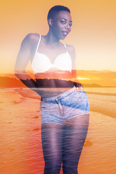 Double exposure of beautiful african girl and sea sunset - Φωτογραφία, εικόνα