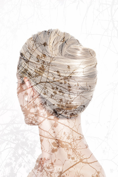 Double exposure of banana chignon and autumn tree branches - Fotografie, Obrázek