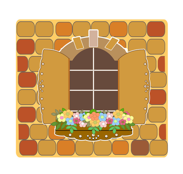 ξύλινα άνοιγμα παλαιό παράθυρο και 2 λουλούδια διάνυσμα - Διάνυσμα, εικόνα