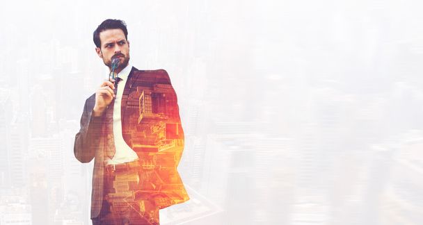 Double exposure of a businessman with angry face is looking away, while is standing near copy space for your advertising text message or promotional content. - Photo, image