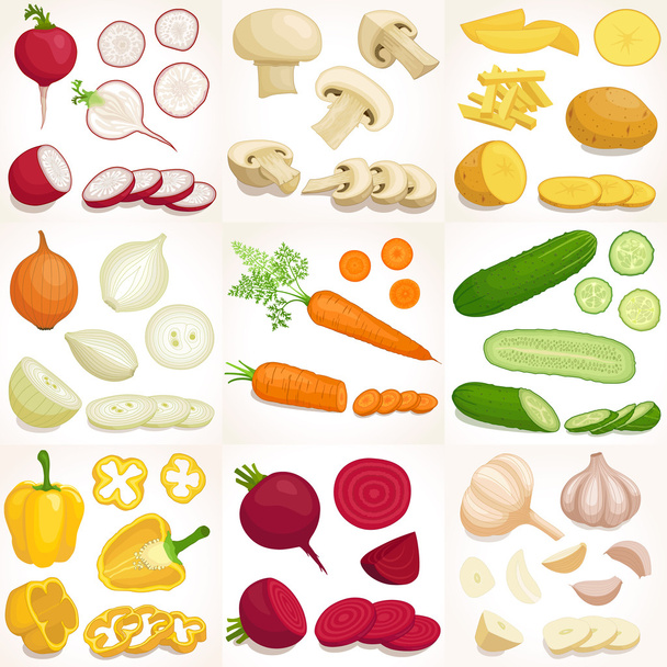 Set of  whole and sliced vegetables. Vector illustration. - Vektör, Görsel