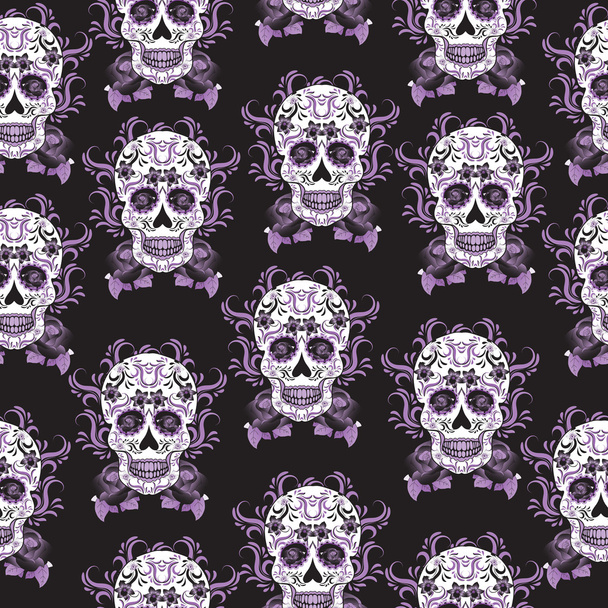 Tag der Totenfeier, einem Fest in Mexiko. Zucker Schädel nahtlose Muster, Skelett Hintergrund, Textur, Tapete. Totenkopffelsen. - Foto, Bild