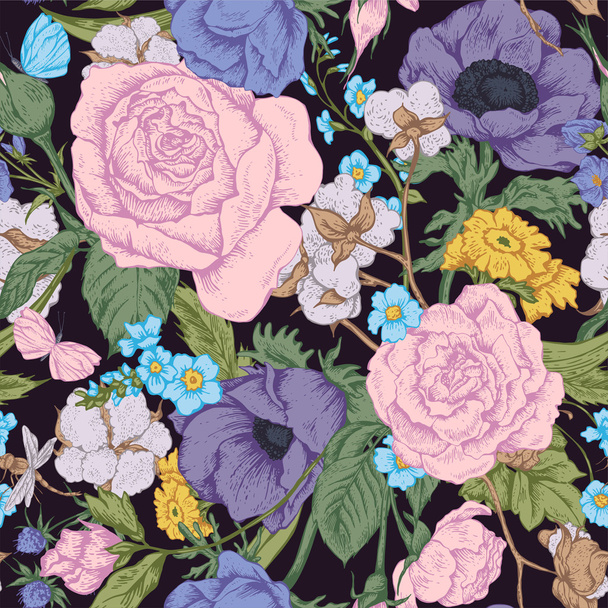 Vintage floral vector seamless pattern with roses - Vector, Image