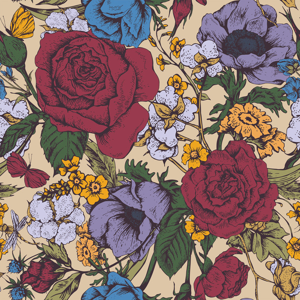 Vintage floral vector seamless pattern with roses - Vector, Image