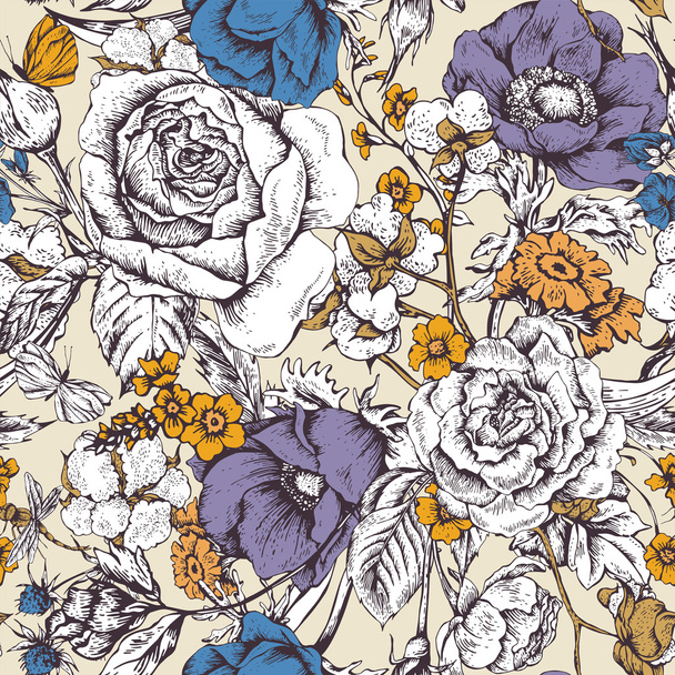 Vintage Floral διάνυσμα ομαλή μοτίβο με τριαντάφυλλα - Διάνυσμα, εικόνα
