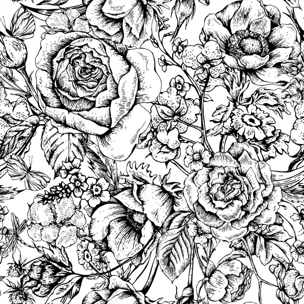 Vintage floral padrão sem costura vetor com rosas
 - Vetor, Imagem