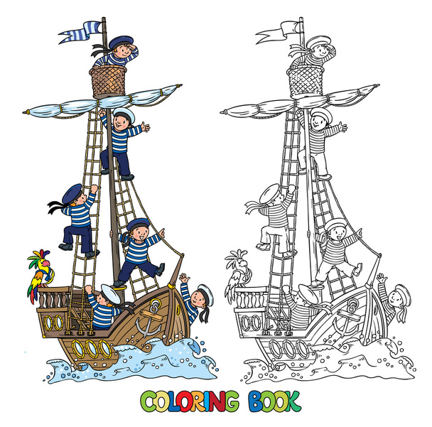 Βιβλίο ζωγραφικής με πλοίο και ναύτες ευτυχισμένη - Διάνυσμα, εικόνα