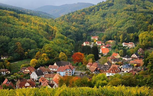 Blick auf das Dorf Hohwald vom Hügel im Herbst, Elsass, Frankreich - Foto, Bild