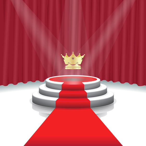 Megvilágított színpadon dobogó korona, vörös szőnyeg és a függöny háttér a díjátadó ünnepség alkalmával vektor illusztráció - Vektor, kép
