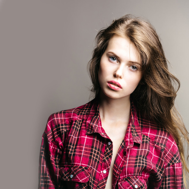 pretty girl in red checkered shirt - Photo, Image
