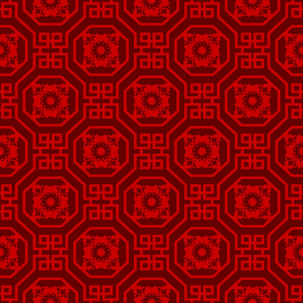 Naadloze achtergrondafbeelding van Chinese venster maaswerk achthoek spiraal vierkante patroon. - Vector, afbeelding