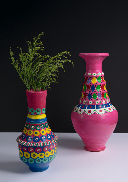 Розовые вазы ручной работы из керамики и зеленые ветви с суровой тенью
 - Фото, изображение