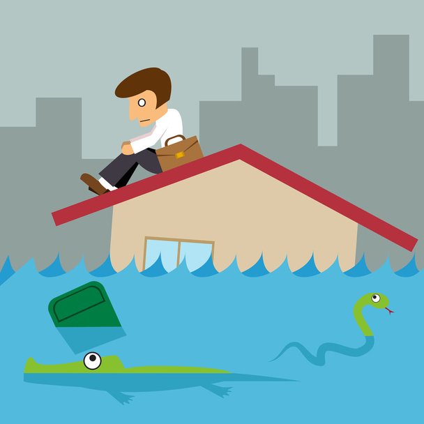 Business man on roof house, Flood city - Vector, Image