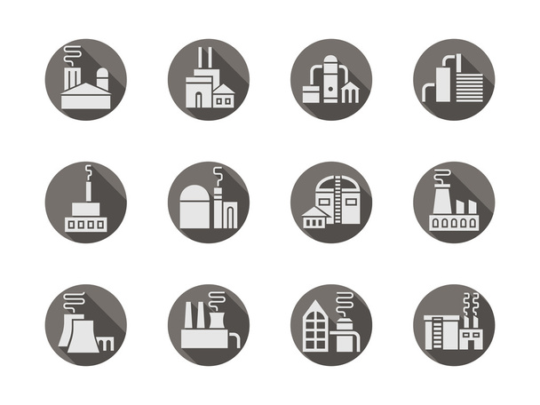 Fabrieken en fabrieken ronde grijze vector icons set - Vector, afbeelding