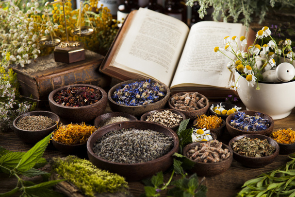 A könyv és a növényi gyógyszer a fából készült asztal - Fotó, kép