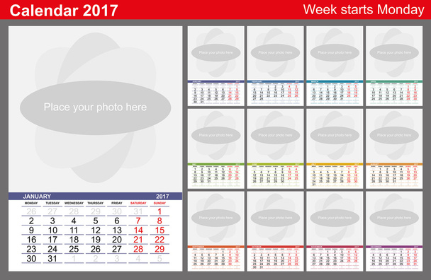 Wall Calendar 2017. Different color design. - Vector, Image