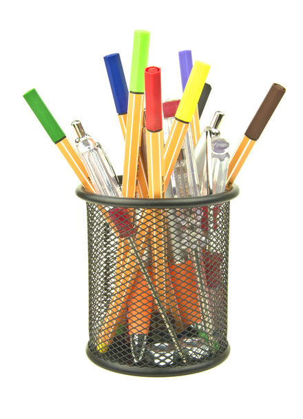 Colouring pens and junk in desk tidy - Photo, Image