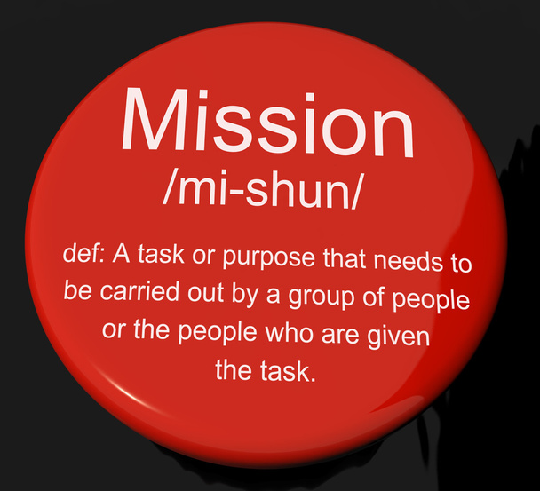 missie definitie knop weergegeven: doel van de taak of toewijzing als  - Foto, afbeelding