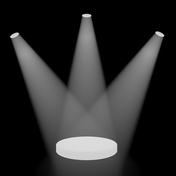 witte spots die schijnen op een klein podium met zwarte achtergrond - Foto, afbeelding