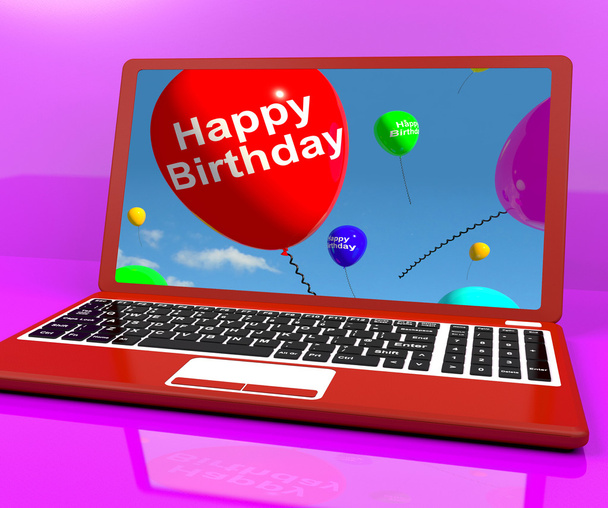 Boldog születésnapot léggömbök a Laptop számítógép képernyő bemutatás Online - Fotó, kép