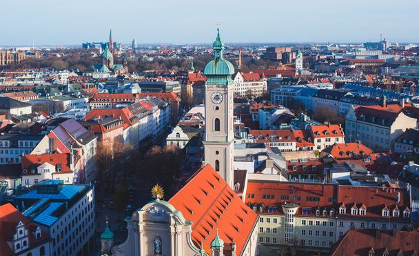 Beautiful super wide-angle sunny aerial view of Munich, Bayern,  - Фото, зображення