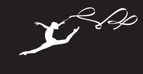 Torna. Tornaterem. Szalag. Torna Silhouette fiatal tornász nő szalaggal. Lapos vektoros illusztráció fekete-fehér. Trampolining, ritmikus gimnasztika, akrobatikus torna aerobik nemzetközi szövetség 2019 - Vektor, kép
