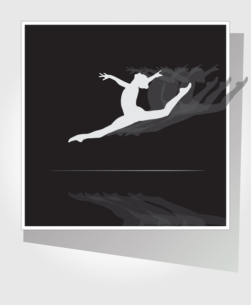 Gymnastic. Gym. Photo frame with Silhouette of Young Gymnast woman, Slow Motion. Flat Vector illustration Monochrome. Photo frame template. Rhythmic gymnastics, trampolining, acrobatic gymnastics aerobic gymnastics International Federation 2018 - Vector, Image