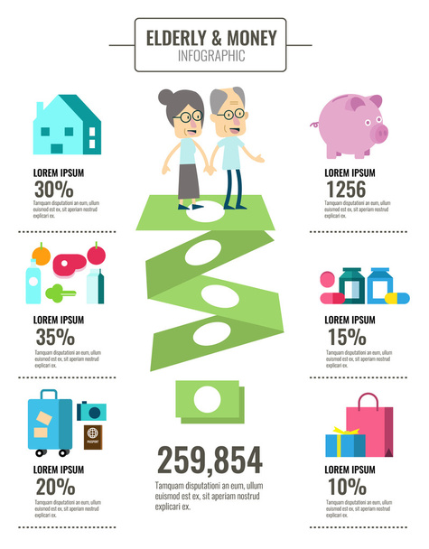 Idős emberek és a pénz-megtakarítási grafikus információk. - Vektor, kép