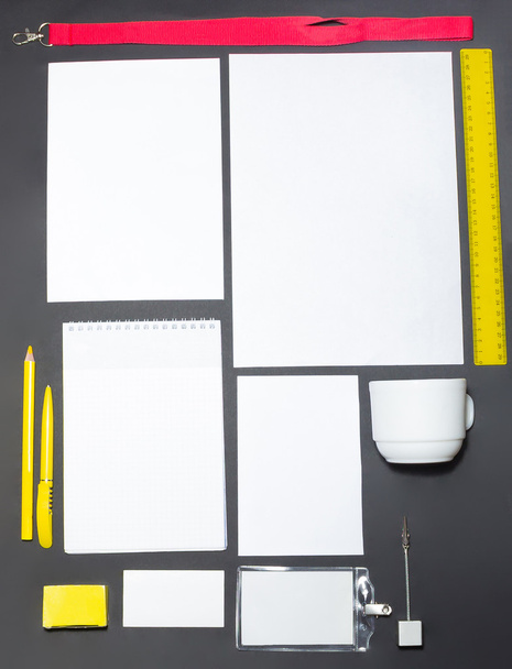 Образец бизнес-шаблона с карточками, бумагами, ручкой. Серый фон
. - Фото, изображение