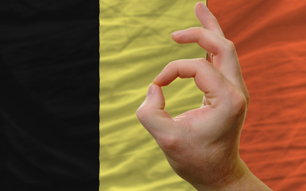 Εντάξει χειρονομία μπροστά από την εθνική σημαία του Βελγίου - Φωτογραφία, εικόνα